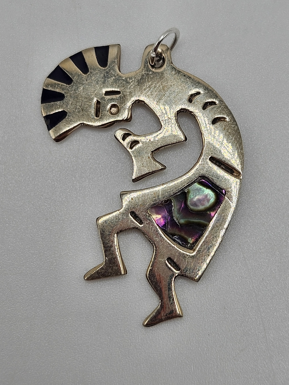 VINTAGE Alpaca Abalone Inlay Kokopelli Silver Tone Pendant Southwestern